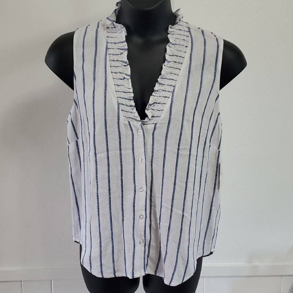 Ellen Tracy Women Medium Blue White Striped Ruffle V-neck Button Up Blouse New